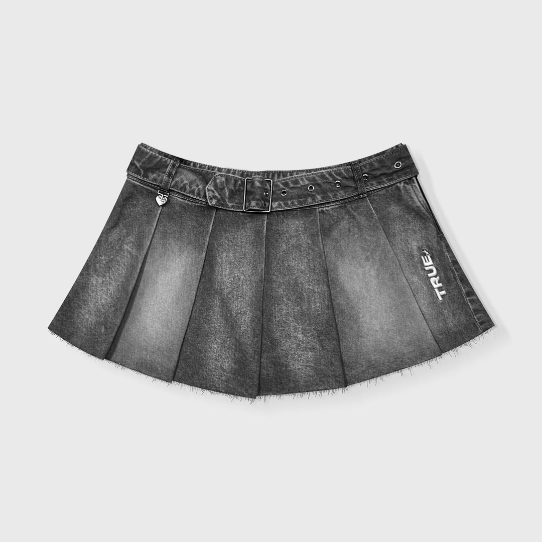 Denim Pleated Mini Skirt - Washed Black