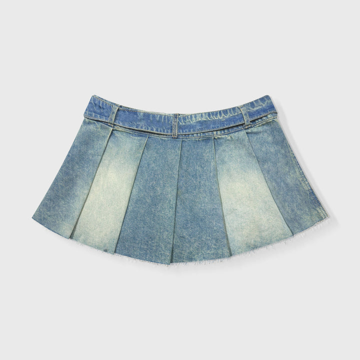 Denim Pleated Mini Skirt - Light Blue