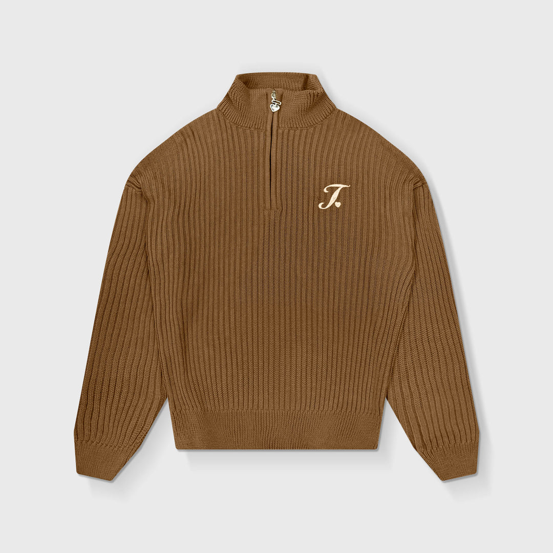 Distressed Zip Knit Sweater - Brown