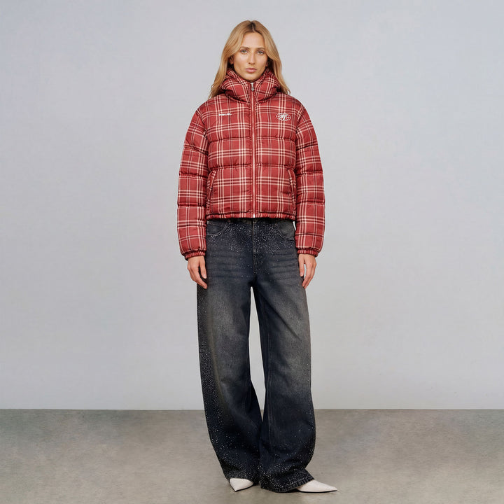 Intuition Plaid Puffer Jacket - Burgundy