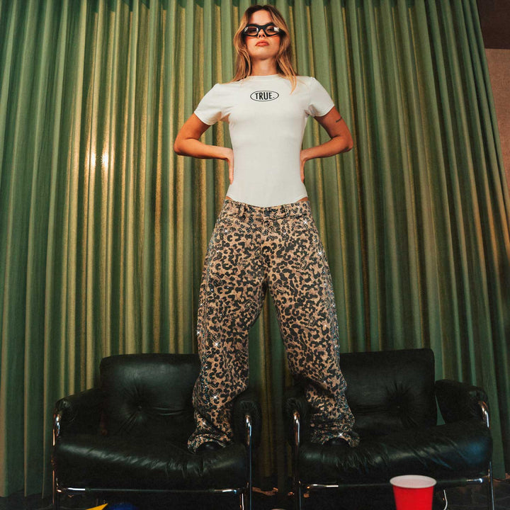 Leopard Wide Leg Jeans - Camel