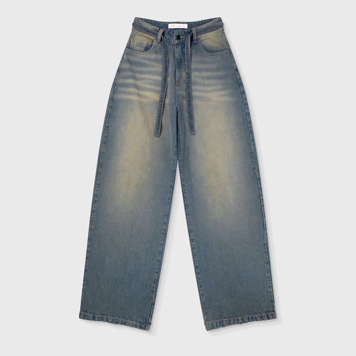 Wide Leg Dirty Jeans - Dark Blue