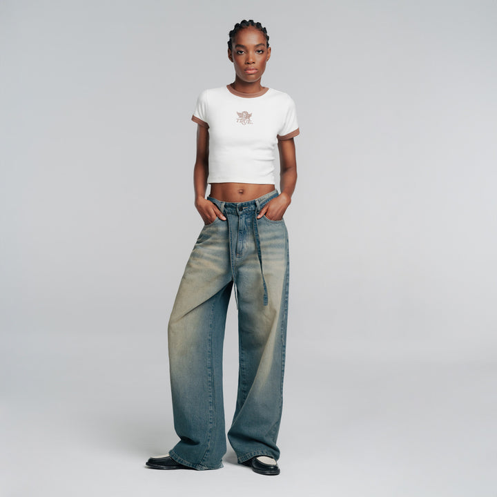 Wide Leg Dirty Jeans - Dark Blue