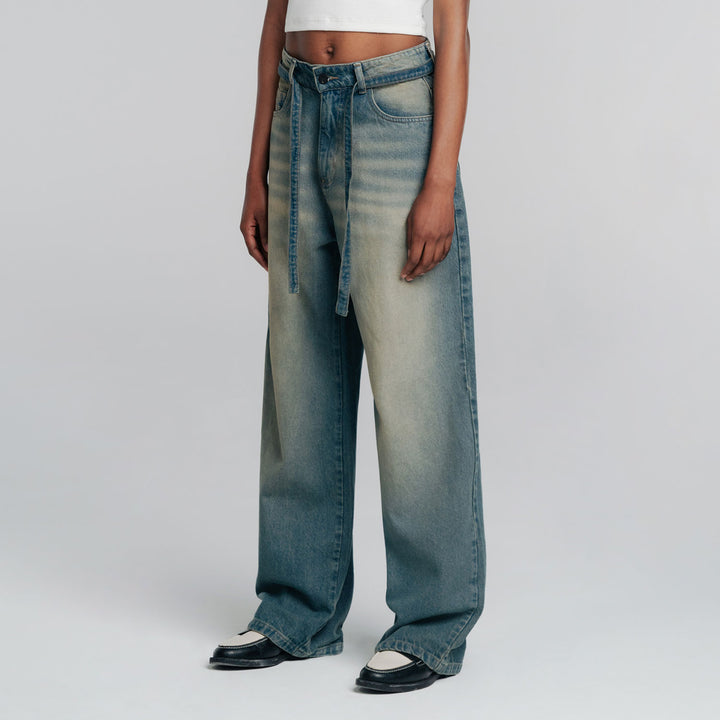 Wide Leg Dirty Jeans - Dark Blue