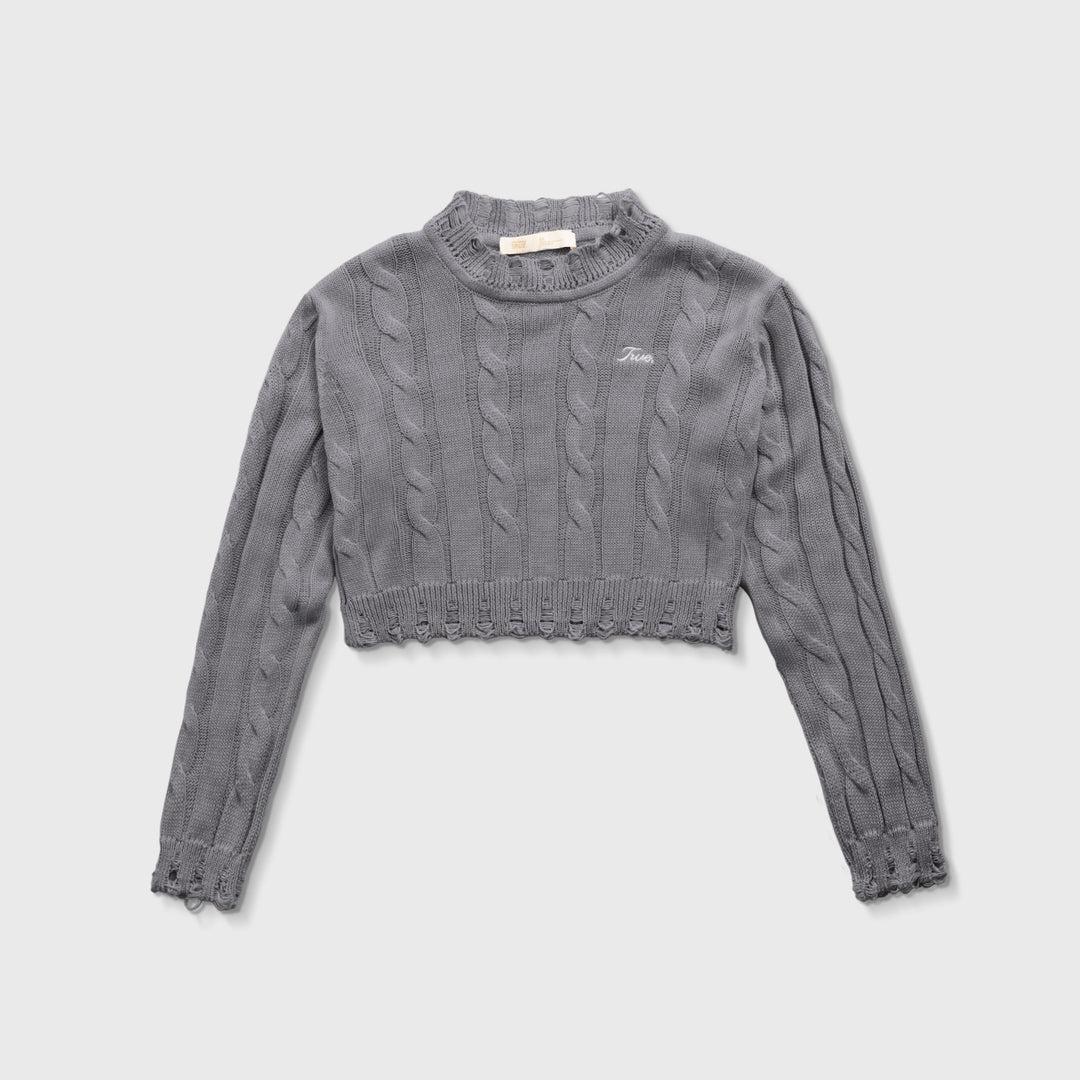 Distressed Knit Crop Sweater - Gray