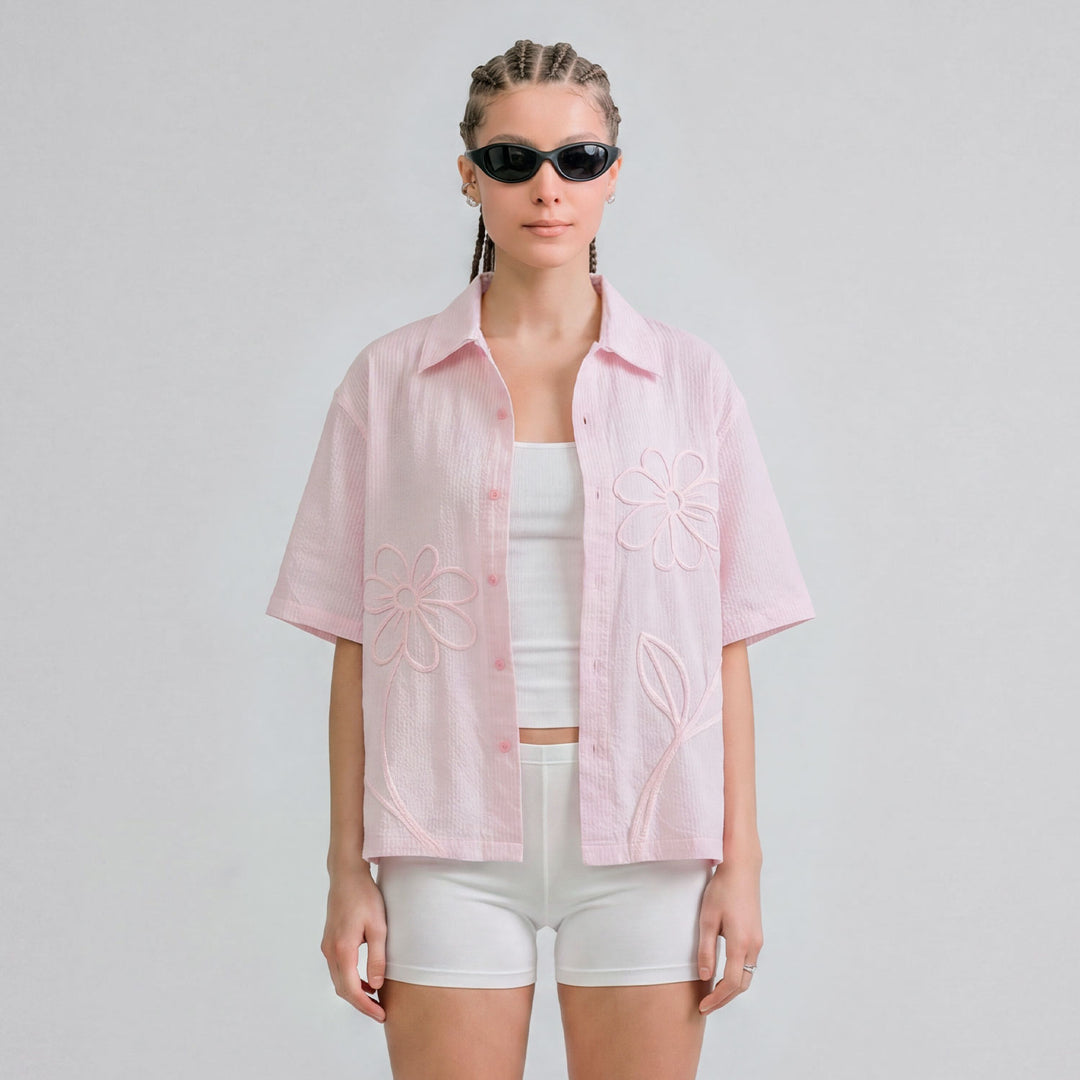 Embroidered Flower Boxy Shirt - Pink