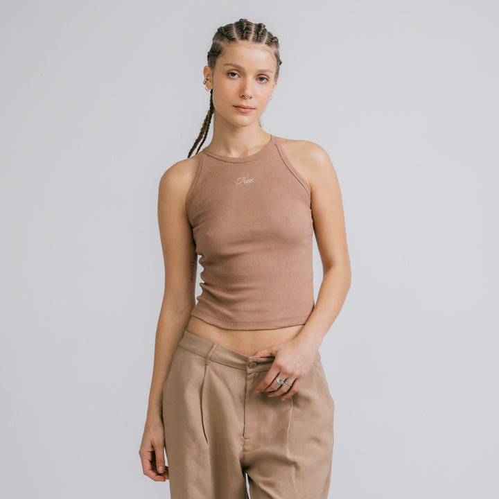 High Neck Ribbed Top - Brown