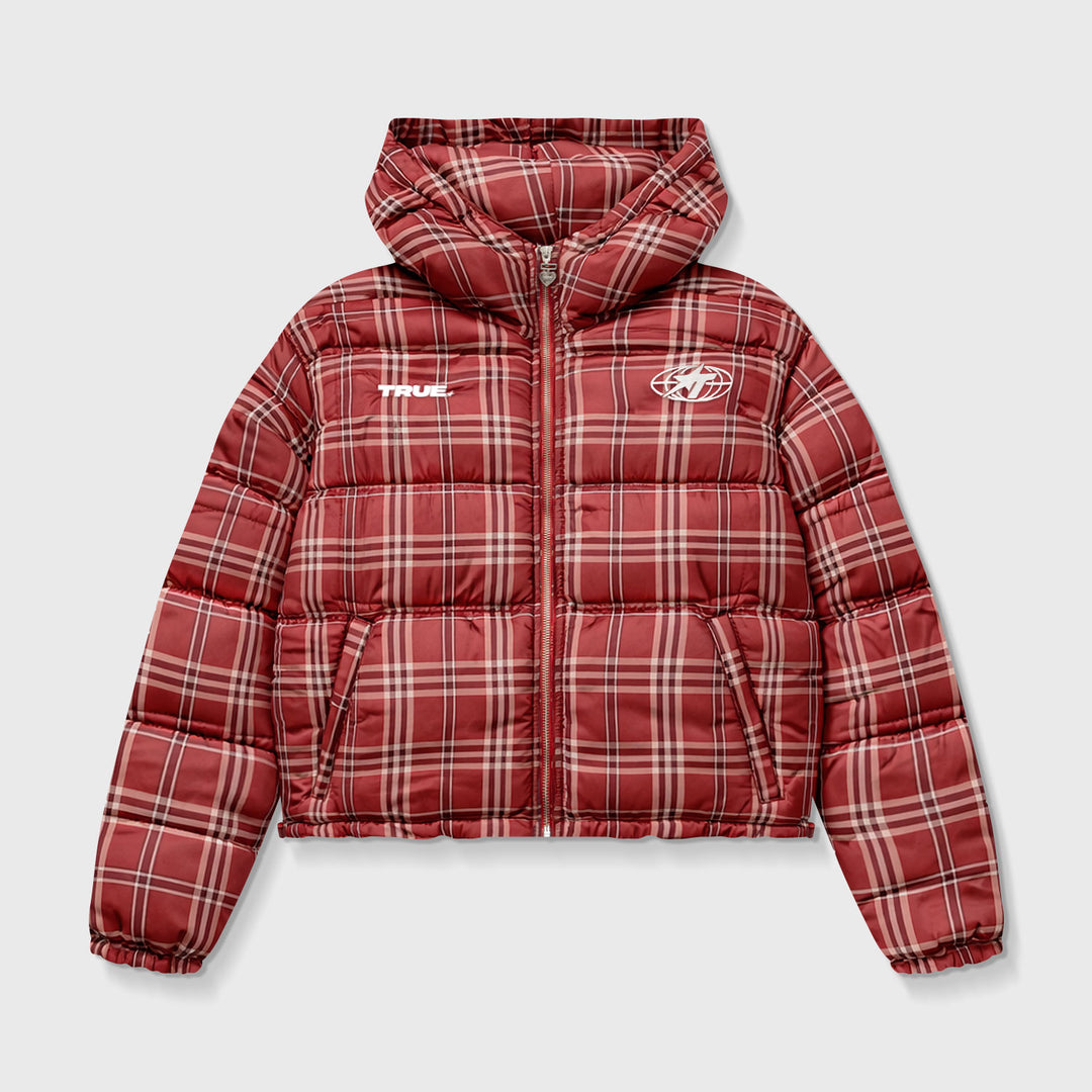 Intuition Plaid Puffer Jacket - Burgundy