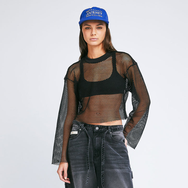 Mesh LS Crop Top - Black