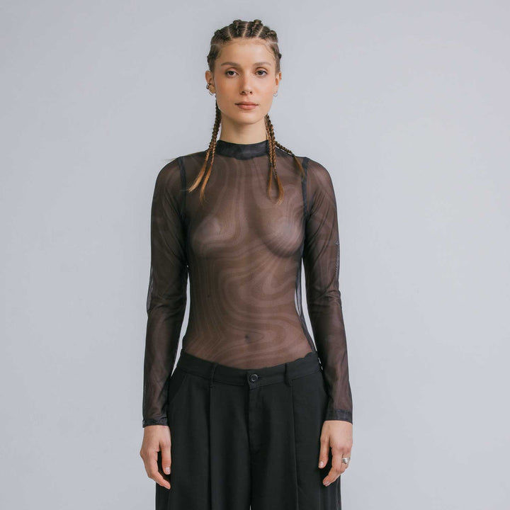 Mesh Printed Bodysuit - Black